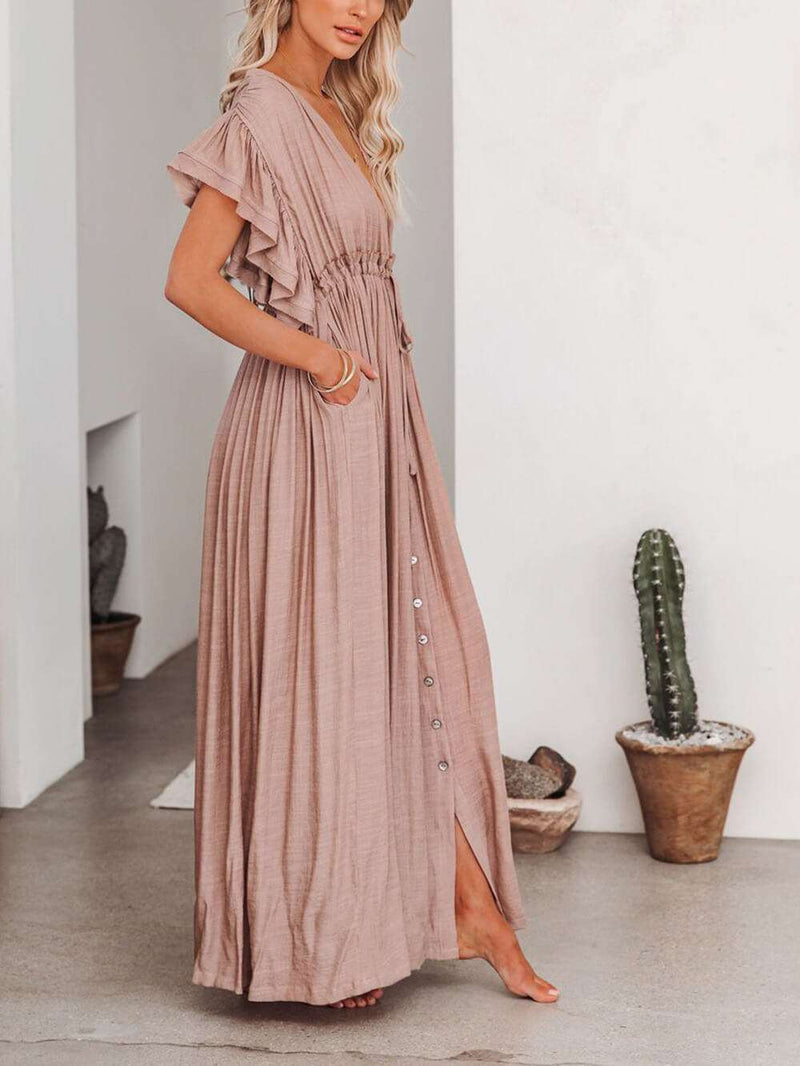 Button Cotton Linen Perfect Beach Maxi Dress