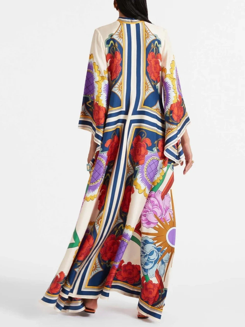 Exquisite Print Draped Waterfall Sleeves Maxi Dress