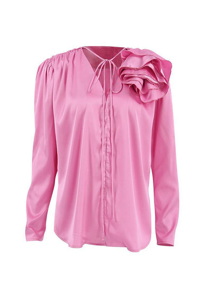 Pink V Neck Ruched Lace-up Blouse