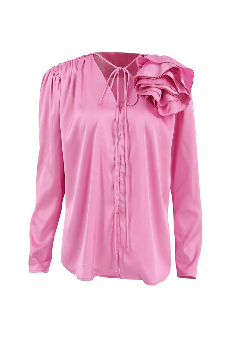 Pink V Neck Ruched Lace-up Blouse