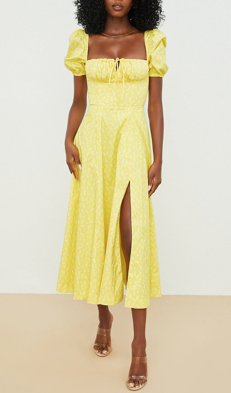 Puff Sleeve Midi Dress in Yellow