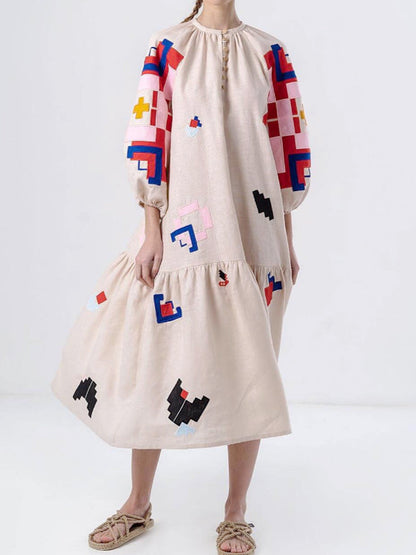 Loose Fit Printed Lantern Sleeve Dress