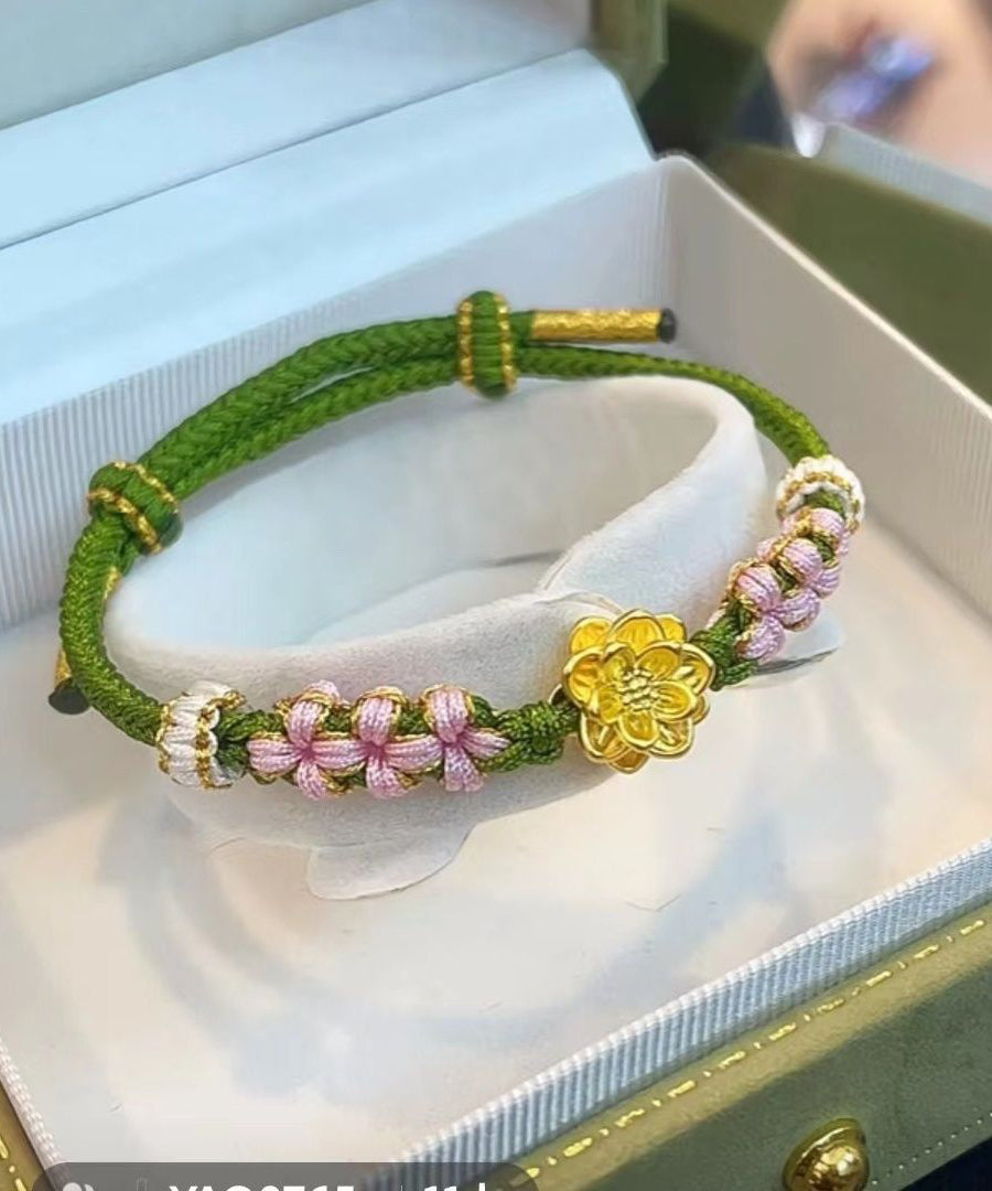 Green Handmade Weaving Peach Blossom Lotus Charm Bracelet