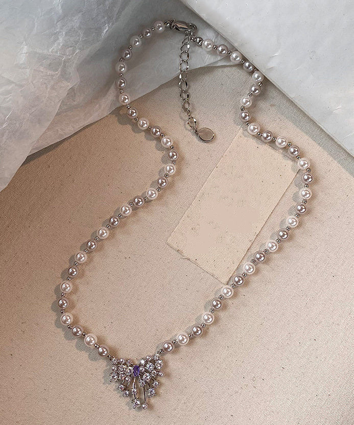 Handmade Light Pink Butterfly Zircon Pearl Adjustable Alloy Pendant Necklace