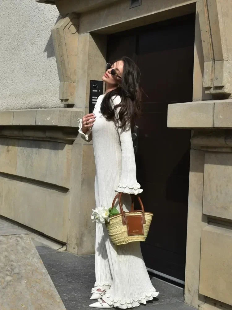 Autumn Ruffled White Maxi Dress Backless Lace-up Slim Ribbed Long Sleeve Patchwork Dress Knitwear Female Long Dress