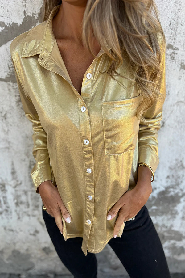 Holiday Look Metallic Loose Pocket Button-down Blouse