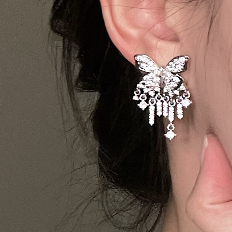 Diy Silk Sterling Silver Zircon Butterfly Tassel Drop Earrings