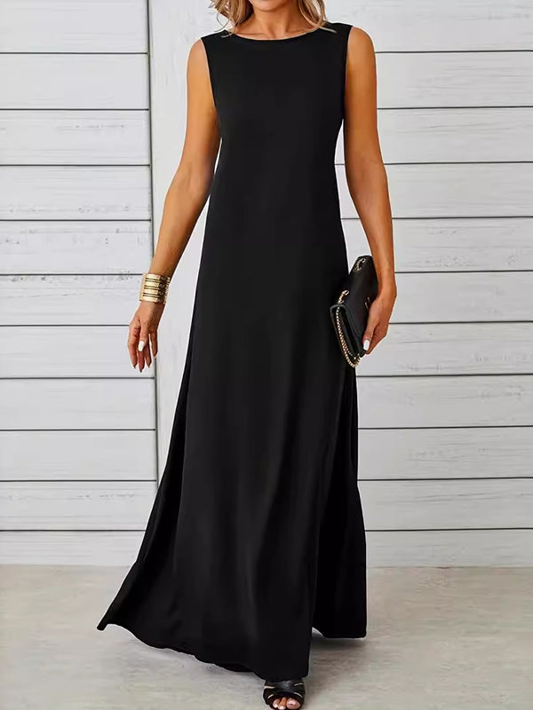 A-line Loose Color Round-neck Maxi Dresses