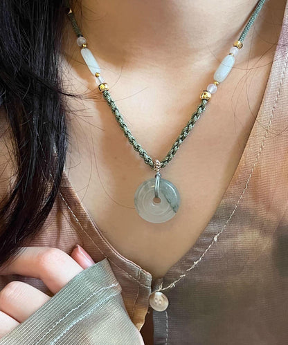 Retro Green Weaving Jade Ping an Buckle Pendant Necklace