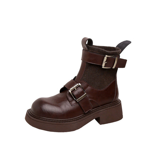 British Style Retro Belt Buckle Chunky Boots