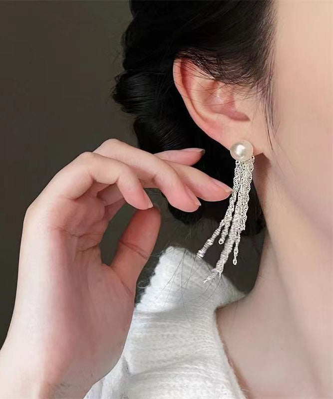 Modern Silk Sterling Silver Alloy Pear Tassel Drop Earrings