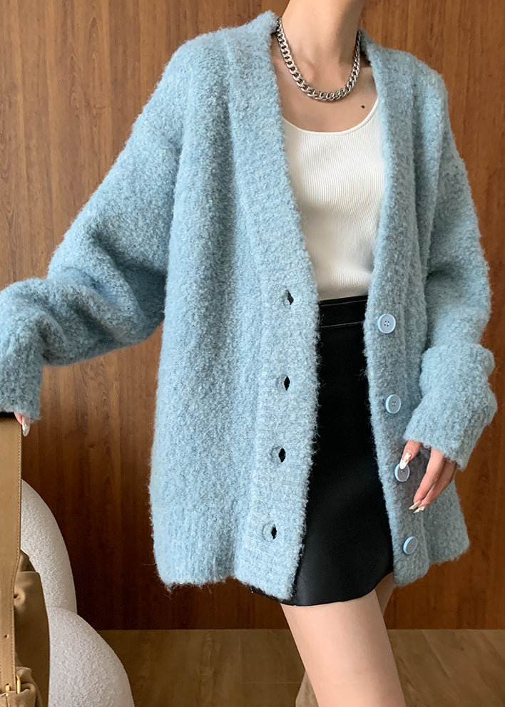 Blue V Neck Button Woolen Cardigans Fall Wd005