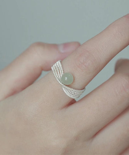 Handmade White Woven Sterling Silver Jade Rings