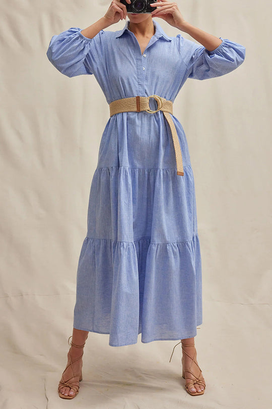 Color Lapel Elastic Cuffs Loose Maxi Dress