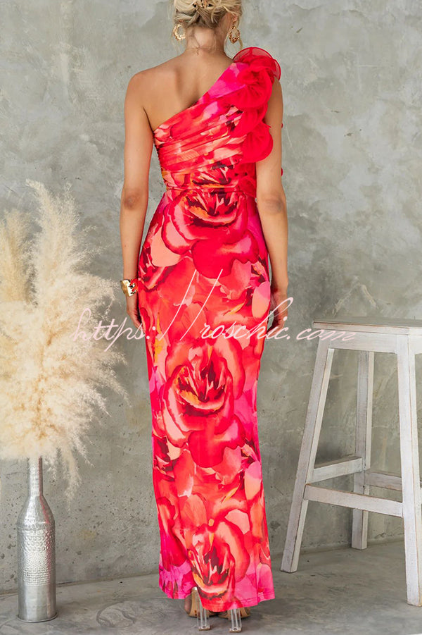 Print Sleeveless 3d Flower One Shoulder Slim Maxi Dress