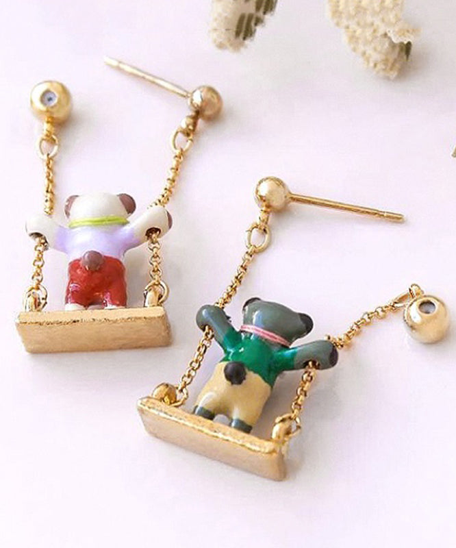 Gold Sterling Silver Overgild Asymmetric Teddy Bear Swinging on a Swing Drop Earrings
