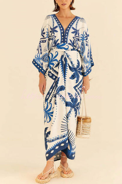 Palm Tree Print Fake Two Piece Lace Up Maxi Dress