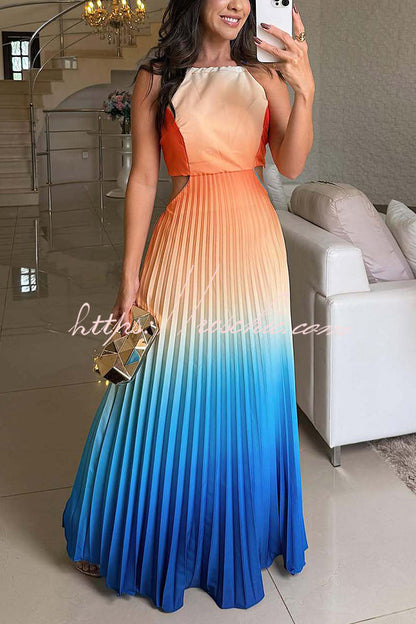 Fashionable Backless Tie Gradient Pleated Maxi Dress