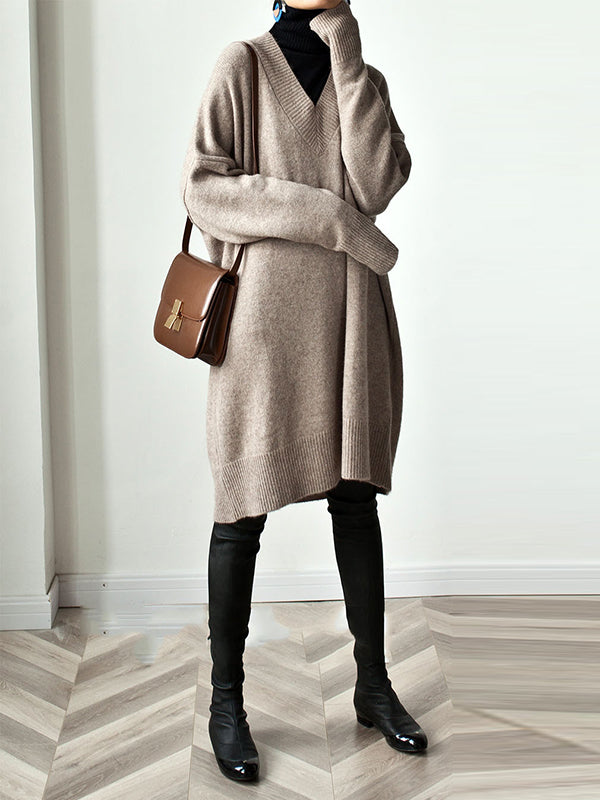 Stylish Loose Camel V-neck Long Sleeve Sweater Dress Qx006