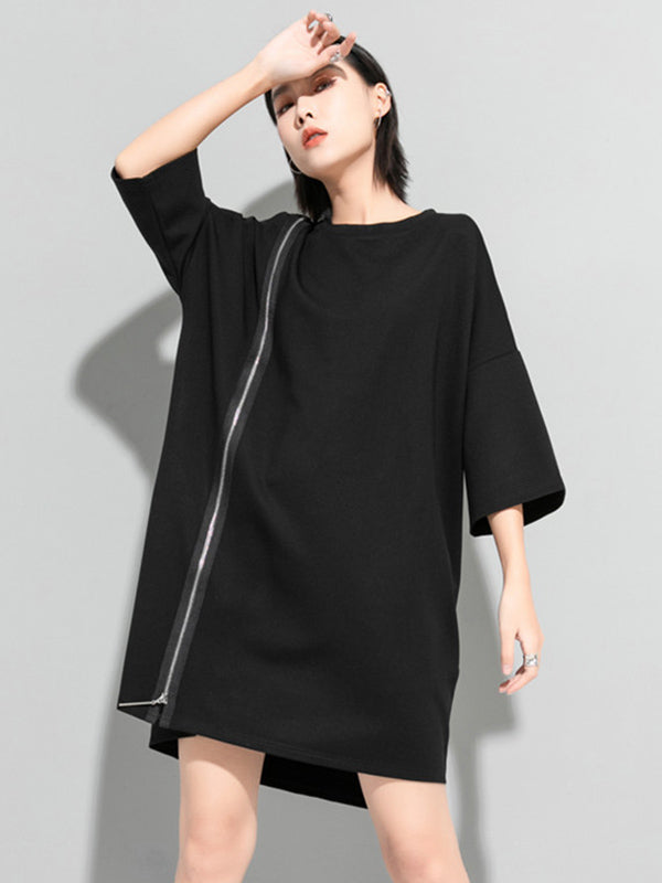 Original Black Zipper Batwing Sleeve Round-neck Mini Dress
