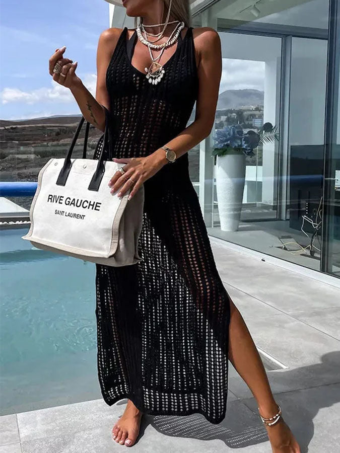 Deserted Island Crochet Knit Cross Back Cover Up Maxi Dress