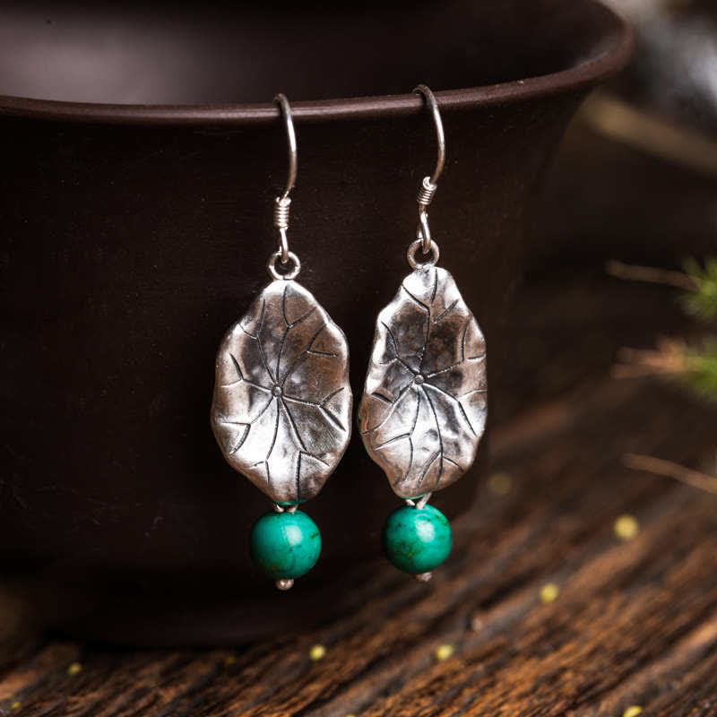 Buddha Stones 925 Sterling Silver Turquoise Lotus Leaf Protection Drop Dangle Earrings