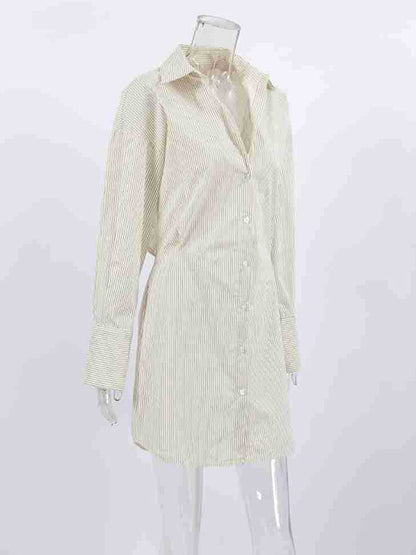 Flared Sleeves Long Sleeves Buttoned Striped Lapel Mini Dresses Shirt Dress