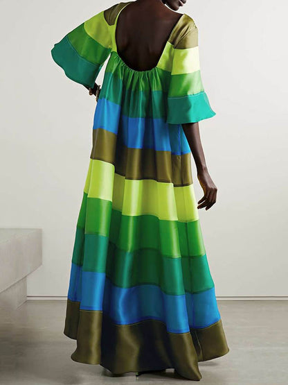 Flared Sleeves Half Sleeves Backless Contrast Color Multi-colored Striped Round-neck Maxi Dresses