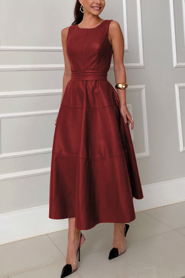 Ensemble Faux Leather Princess Line Back Zipper Umbrella Midi Dress
