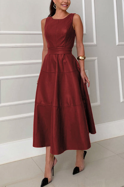 Ensemble Faux Leather Princess Line Back Zipper Umbrella Midi Dress