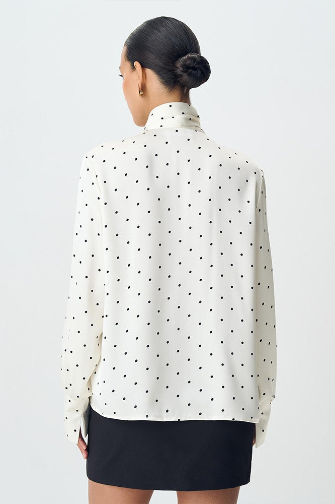 Polka Dot Collared Tie-up Slim Blouse