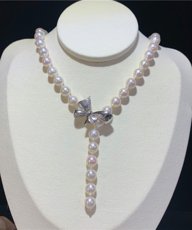 White Pearl Bow Zircon Pendant Necklace
