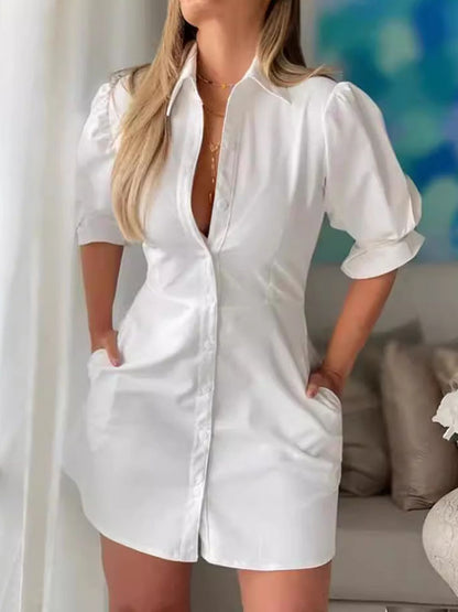 A-line Flared Sleeves Buttoned Pleated Pockets Color Split-joint Lapel Mini Dresses Shirt Dress