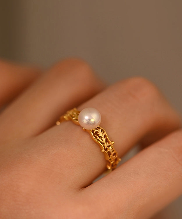 Pearl Hollow Out Adjustable Gold Plated Rings
