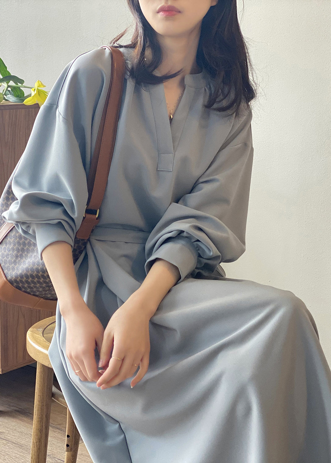 Apricot V Neck Tie Waist Cotton Long Dress Fall Af1069