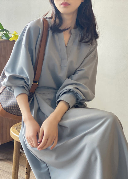 Apricot V Neck Tie Waist Cotton Long Dress Fall Af1069