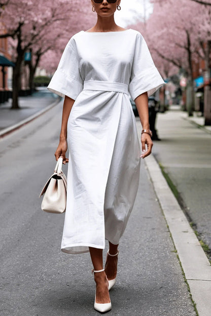 Color Round Neck Half Sleeve Waist Midi Dress