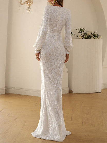Sequined Color Split-front Tied Waist Bodycon Long Sleeves V-neck Maxi Dresses