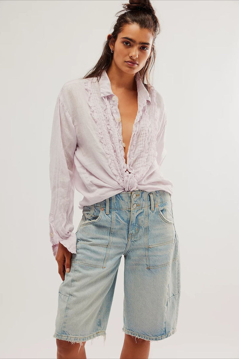 Linen Ruffled Long-sleeve Blouse
