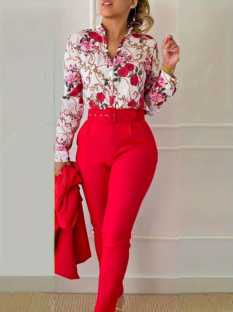 Print V Neck Long Sleeve Blouse & Belted Tapered Pants Td0870