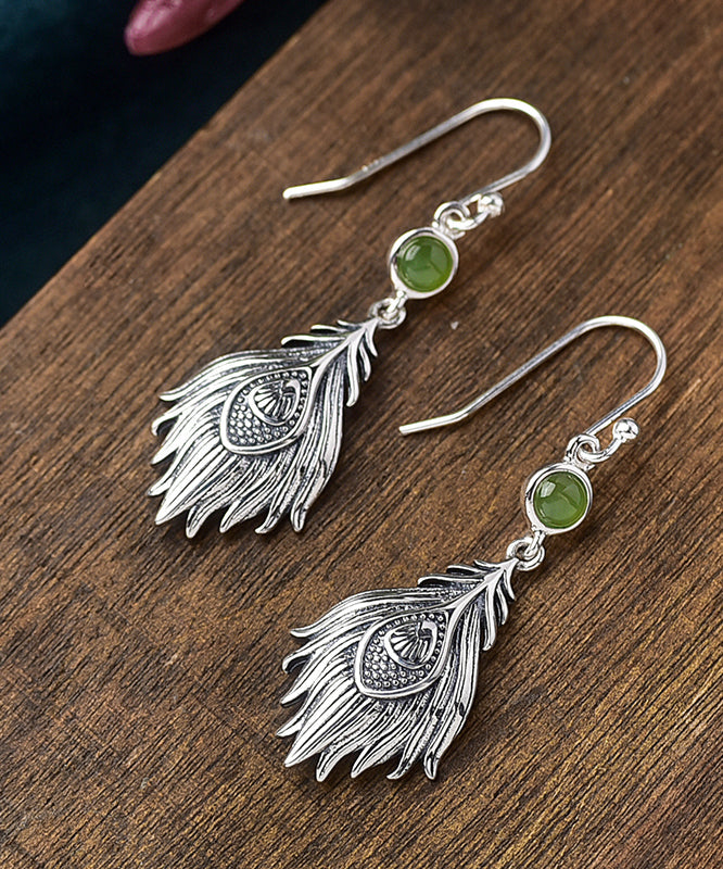 Sterling Silver Jade Feather Drop Earrings