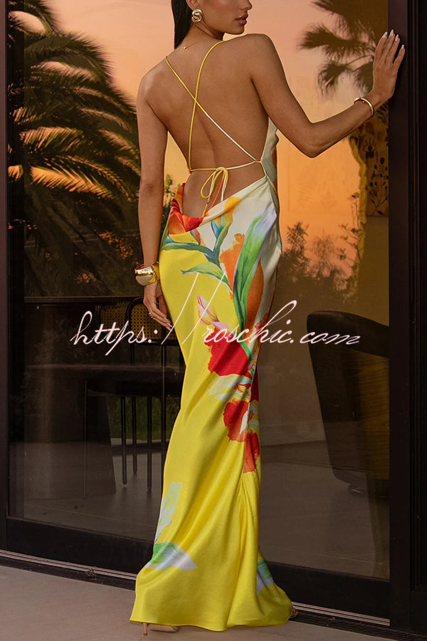 Luisa Satin Print Cowl Neck Open Back Tie-up Maxi Dress