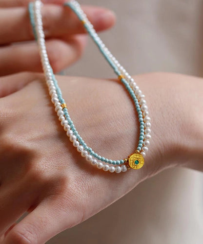 Colorblock Alloy Turquoise Pearl Double Layer Beading Gratuated Bead Necklace