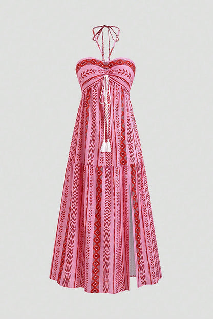 Holiday Style Unique Print Halter Neck Tie Slit Midi Dress