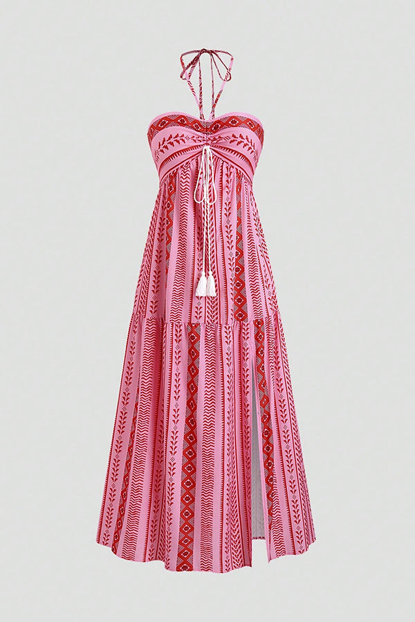 Holiday Style Unique Print Halter Neck Tie Slit Midi Dress