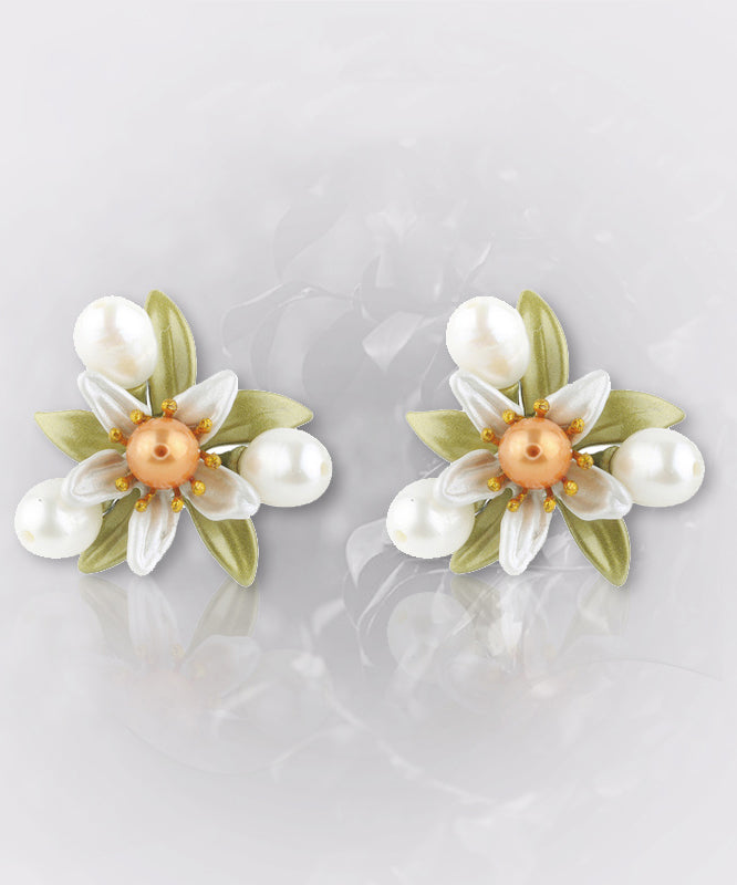Green Sterling Silver Copper Pearl Enamel Stud Earrings