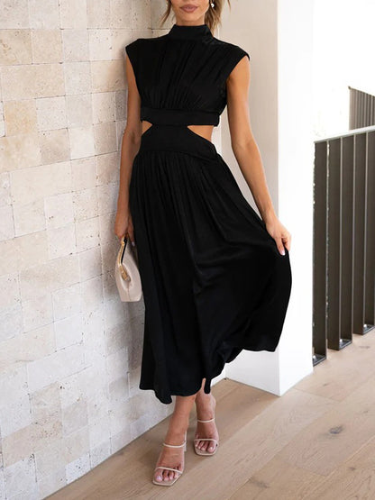 Cap Sleeve Belly-hollow Pleated Color Stand Collar Maxi Dresses