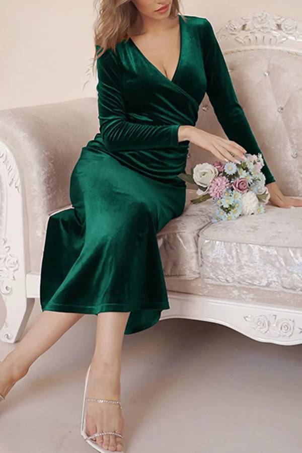 Velvet Long Sleeve V Neck Slim Fit Fishtail Maxi Dress