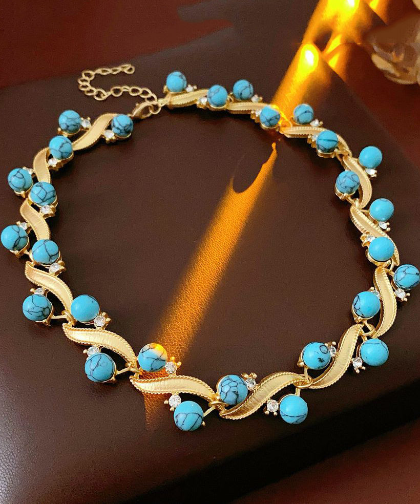 Blue Turquoise Alloy Zircon Gratuated Bead Necklace
