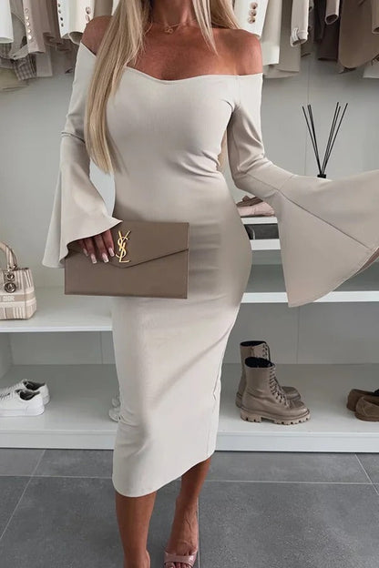 Color Off-shoulder Trumpet Sleeve Slim Midi Dress